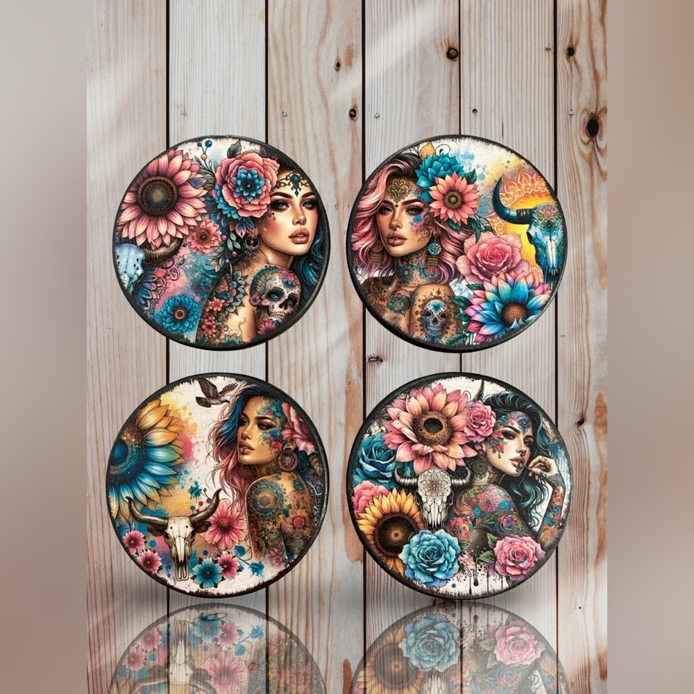 Handmade Boho Tattooed Ladies w/Skulls & Flowers Wood Coasters - Set of 4